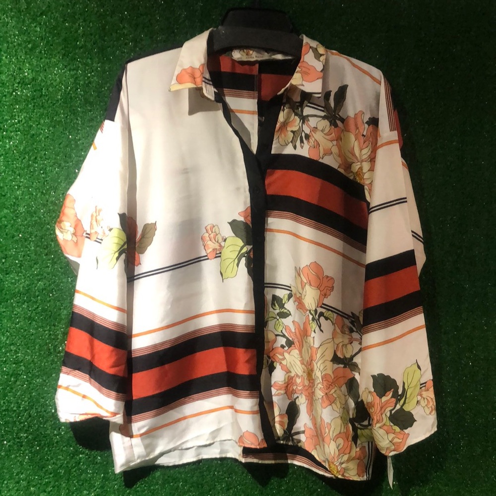 Zara White Floral Stripe Button-Up Blouse with Orange and Black Accents